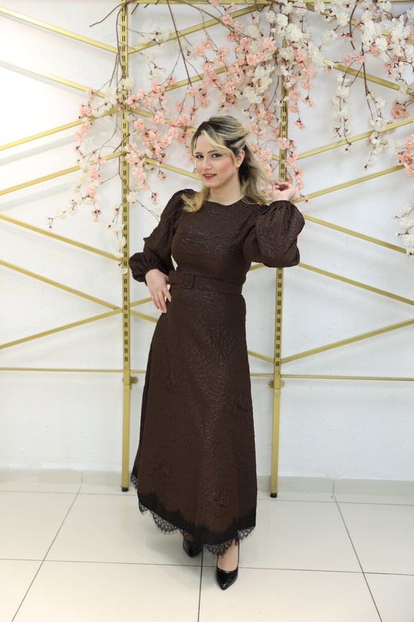 LORENA – Dantelli Işıltı Elbise - Kahverengi