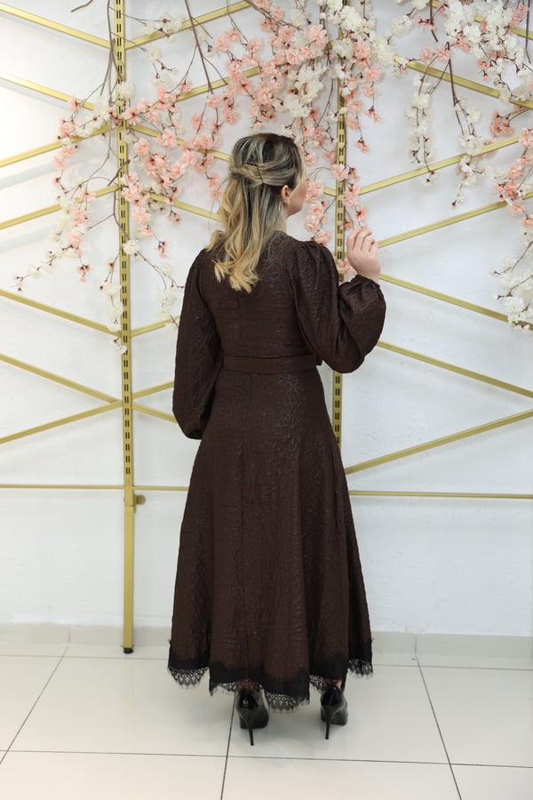 LORENA – Dantelli Işıltı Elbise - Kahverengi