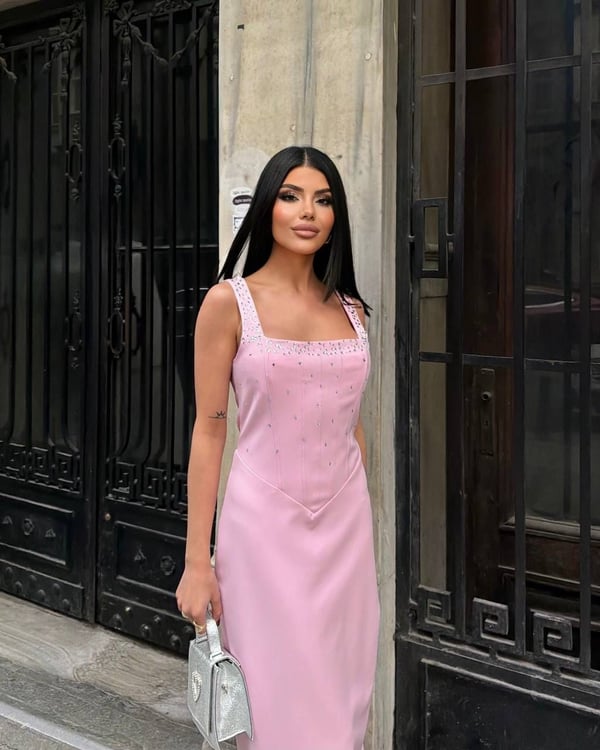 SERENA – Taş Detaylı Askılı Uzun Elbise - Pembe