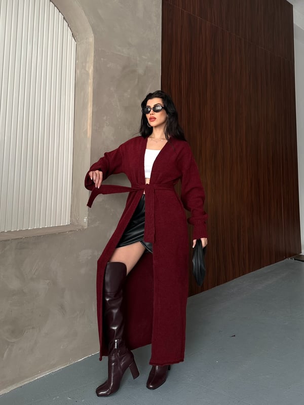 Belden Bağlamalı Tam Boy Hırka Bordo