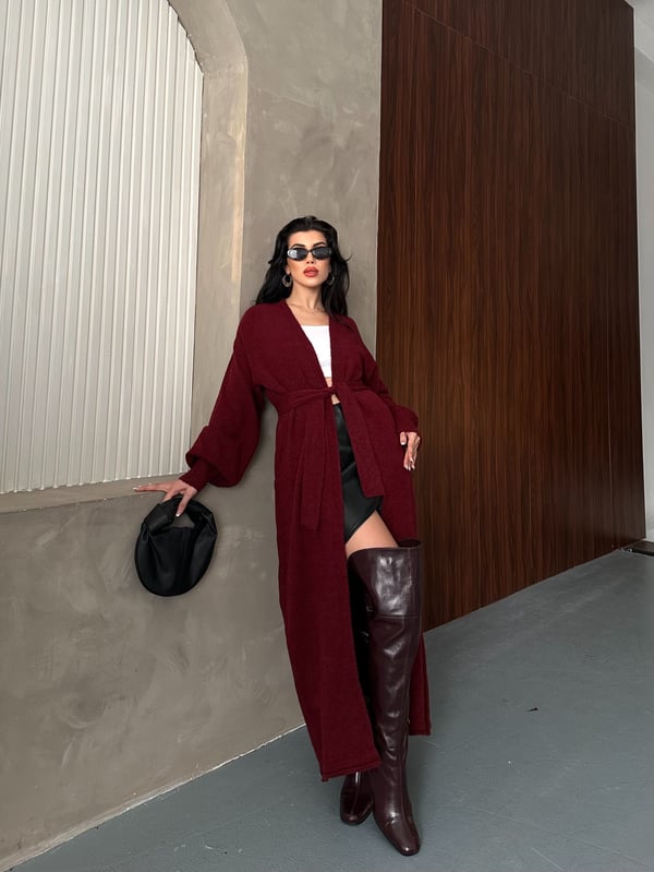 Belden Bağlamalı Tam Boy Hırka Bordo