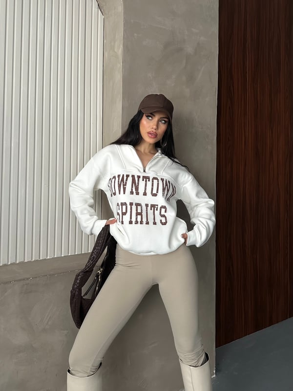 Down Town Baskı Sweaters Krem