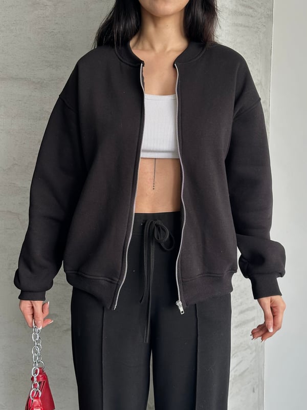 Fermuarlı Kolej Sweaters Siyah