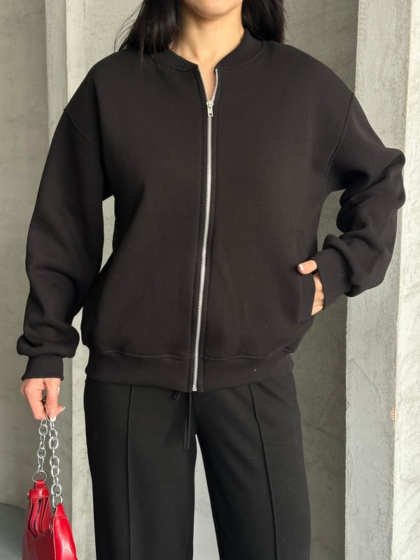 Fermuarlı Kolej Sweaters Siyah