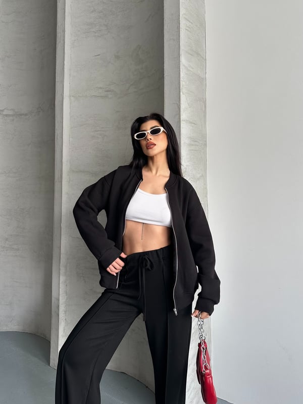 Fermuarlı Kolej Sweaters Siyah