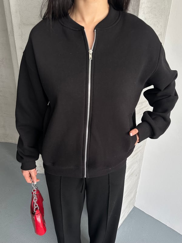 Fermuarlı Kolej Sweaters Siyah