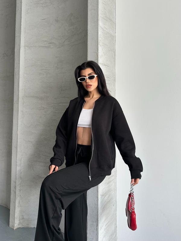 Fermuarlı Kolej Sweaters Siyah