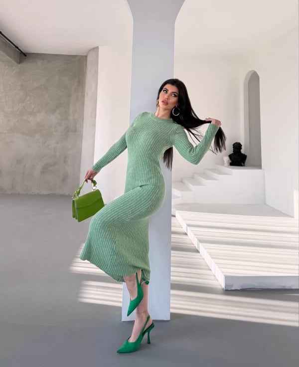 Fitilli Triko Elbise Yeşil