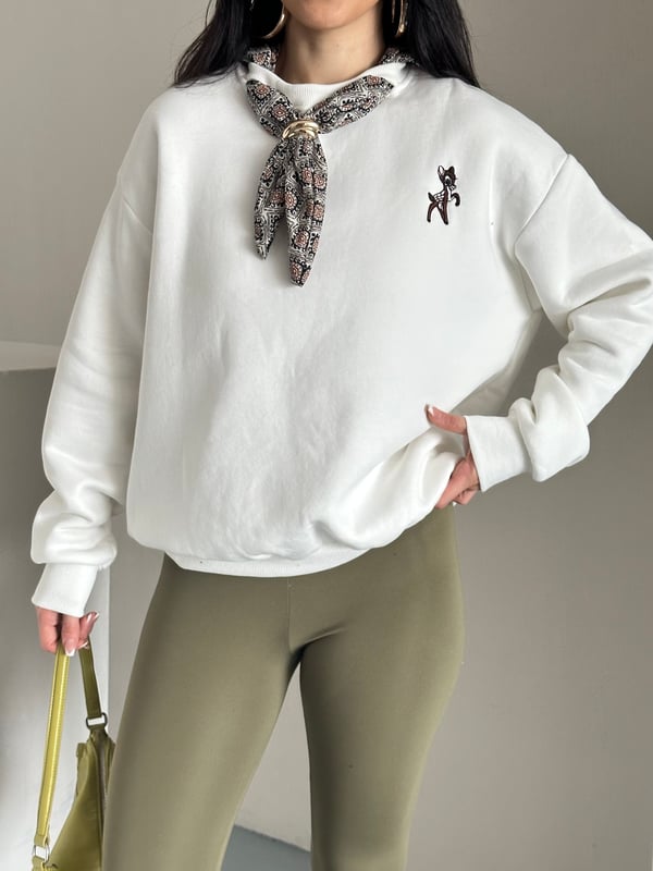 Fularlı Basit Sweaters Krem