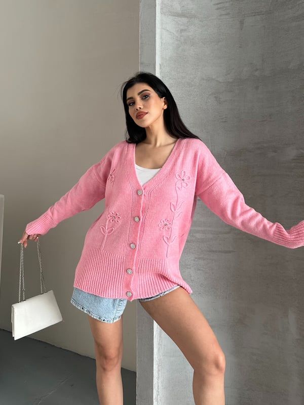 Kristal Düğme Ve Süzene Detaylı Triko Hırka Oversize Pembe