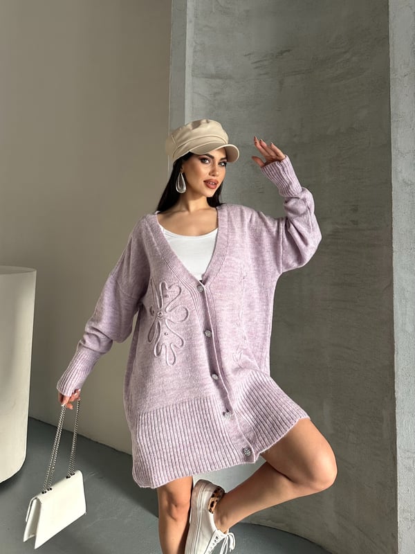 Kristal Düğme Ve Süzene Detaylı Triko Hırka Oversize Lila