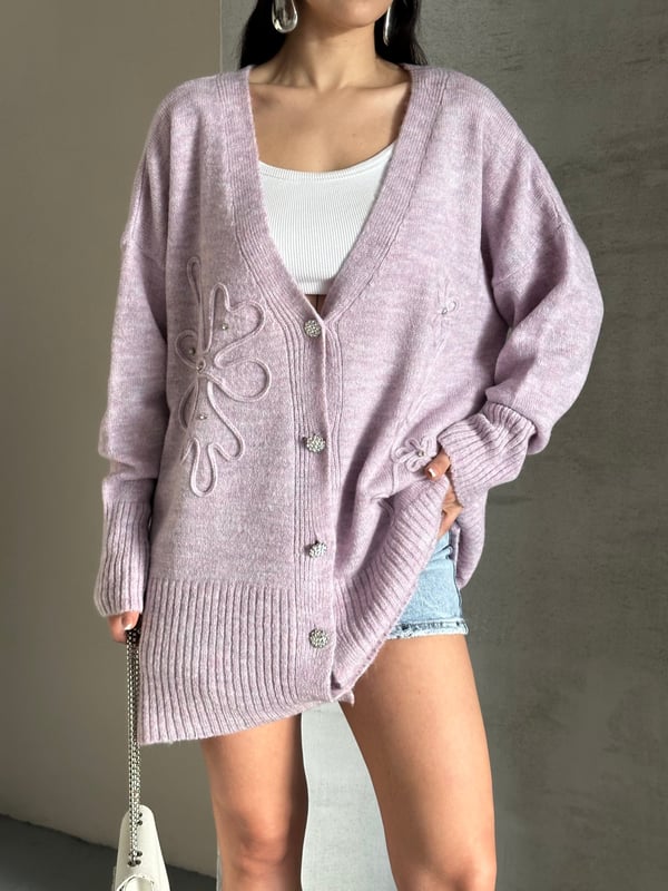 Kristal Düğme Ve Süzene Detaylı Triko Hırka Oversize Lila