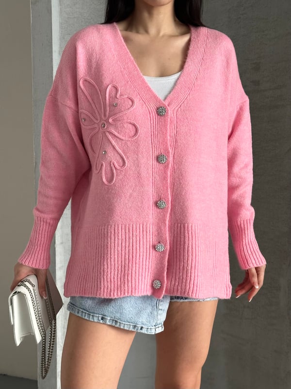 Kristal Düğme Ve Süzene Detaylı Triko Hırka Oversize Pembe