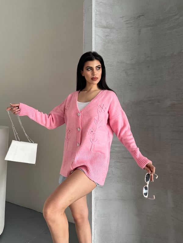 Kristal Düğme Ve Süzene Detaylı Triko Hırka Oversize Pembe