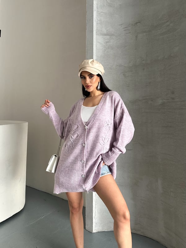 Kristal Düğme Ve Süzene Detaylı Triko Hırka Oversize Lila