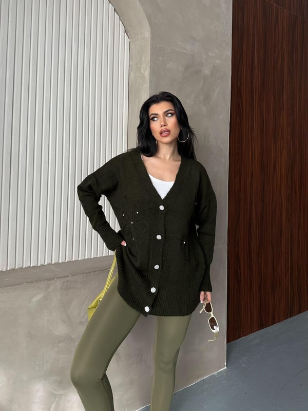 Kristal Düğme Ve Süzene Detaylı Triko Hırka Oversize Haki