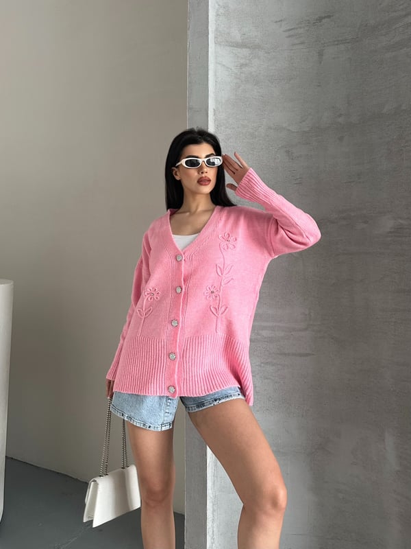 Kristal Düğme Ve Süzene Detaylı Triko Hırka Oversize Pembe