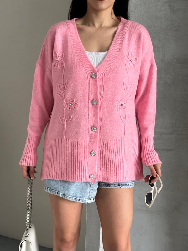 Kristal Düğme Ve Süzene Detaylı Triko Hırka Oversize Pembe