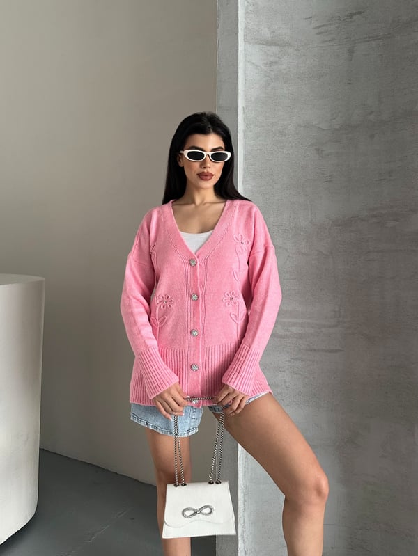 Kristal Düğme Ve Süzene Detaylı Triko Hırka Oversize Pembe