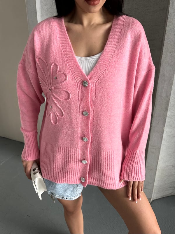 Kristal Düğme Ve Süzene Detaylı Triko Hırka Oversize Pembe