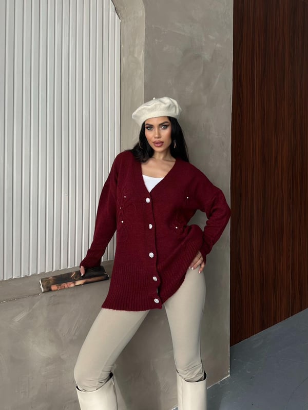 Kristal Düğme Ve Süzene Detaylı Triko Hırka Oversize Bordo