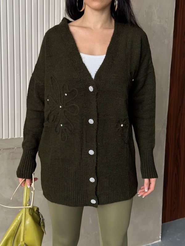 Kristal Düğme Ve Süzene Detaylı Triko Hırka Oversize Haki