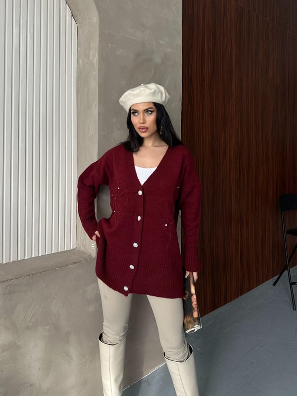 Kristal Düğme Ve Süzene Detaylı Triko Hırka Oversize Bordo