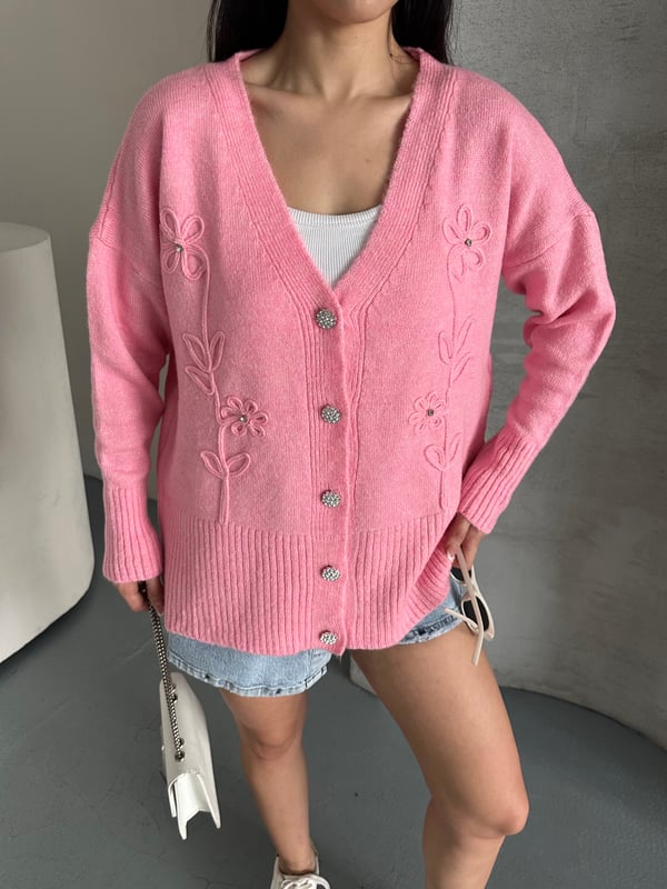 Kristal Düğme Ve Süzene Detaylı Triko Hırka Oversize Pembe