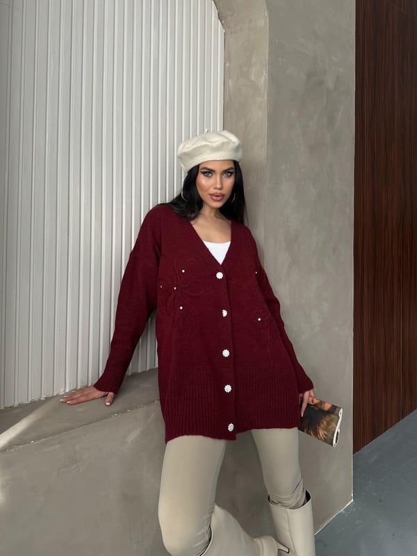 Kristal Düğme Ve Süzene Detaylı Triko Hırka Oversize Bordo