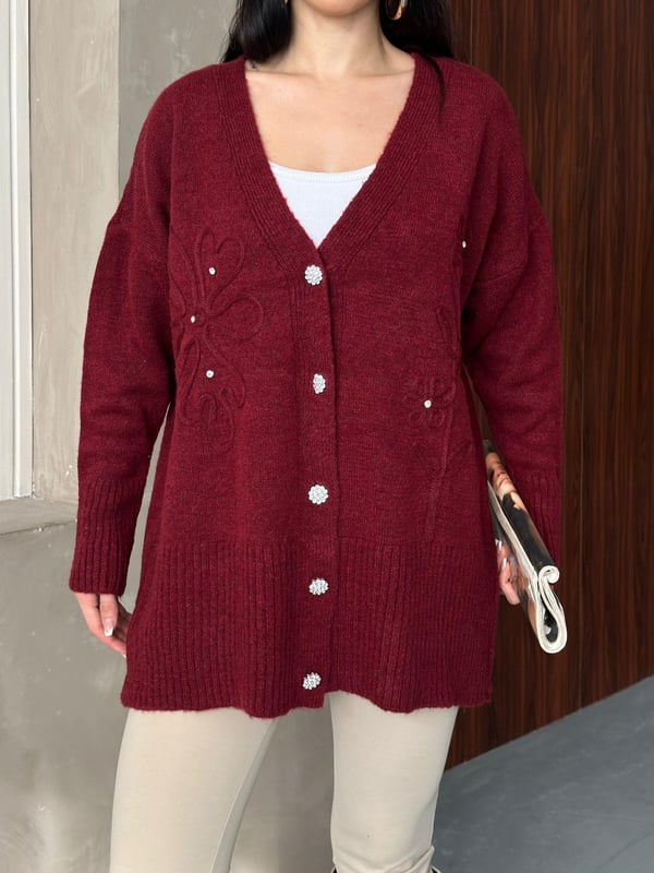 Kristal Düğme Ve Süzene Detaylı Triko Hırka Oversize Bordo