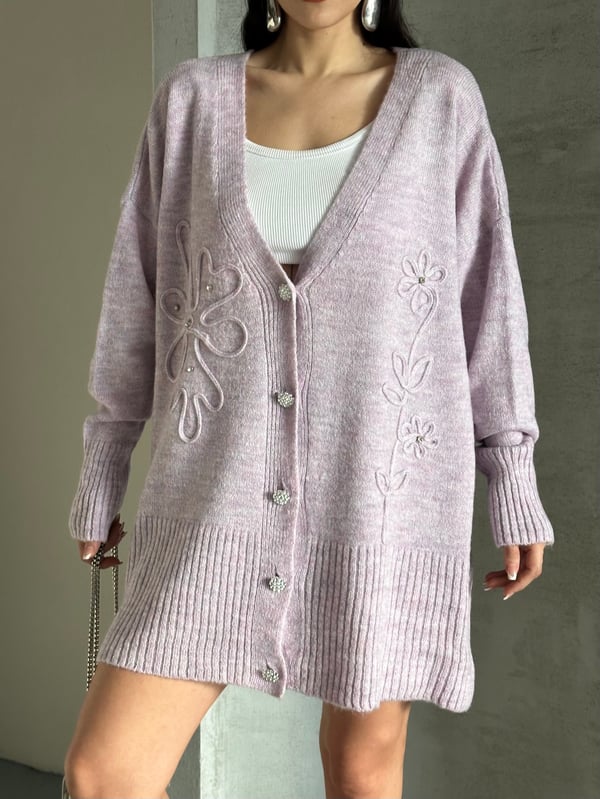 Kristal Düğme Ve Süzene Detaylı Triko Hırka Oversize Lila