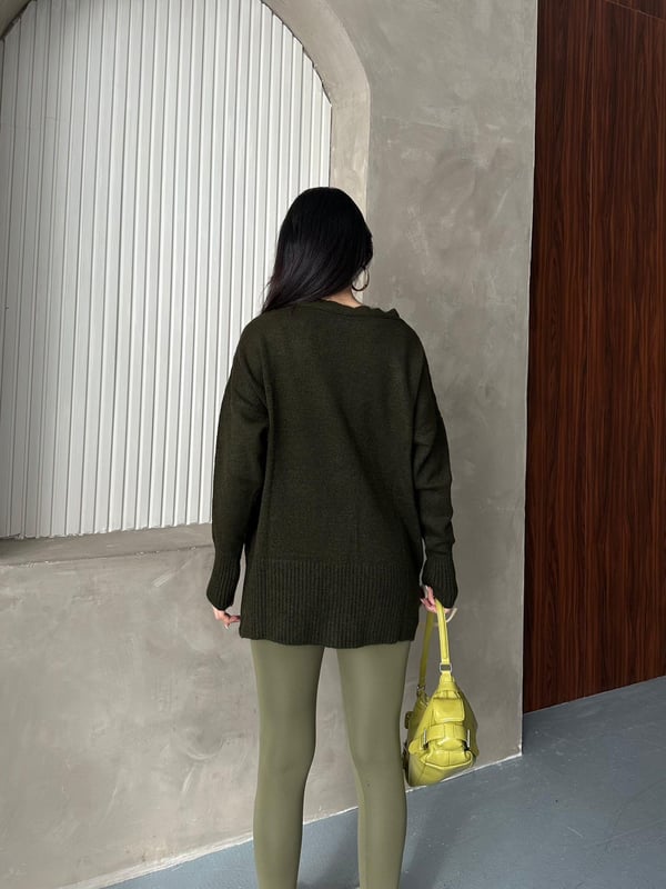 Kristal Düğme Ve Süzene Detaylı Triko Hırka Oversize Haki