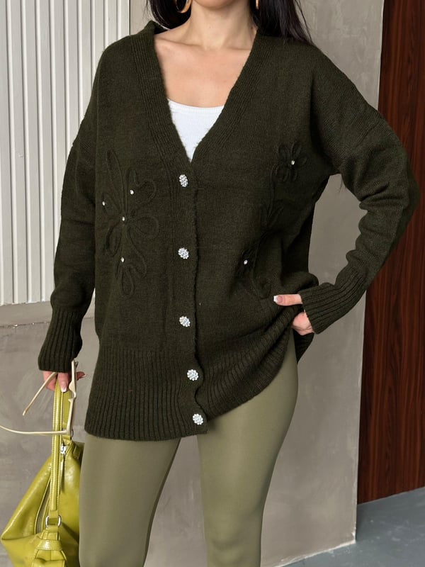 Kristal Düğme Ve Süzene Detaylı Triko Hırka Oversize Haki