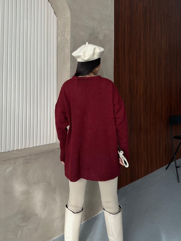 Kristal Düğme Ve Süzene Detaylı Triko Hırka Oversize Bordo