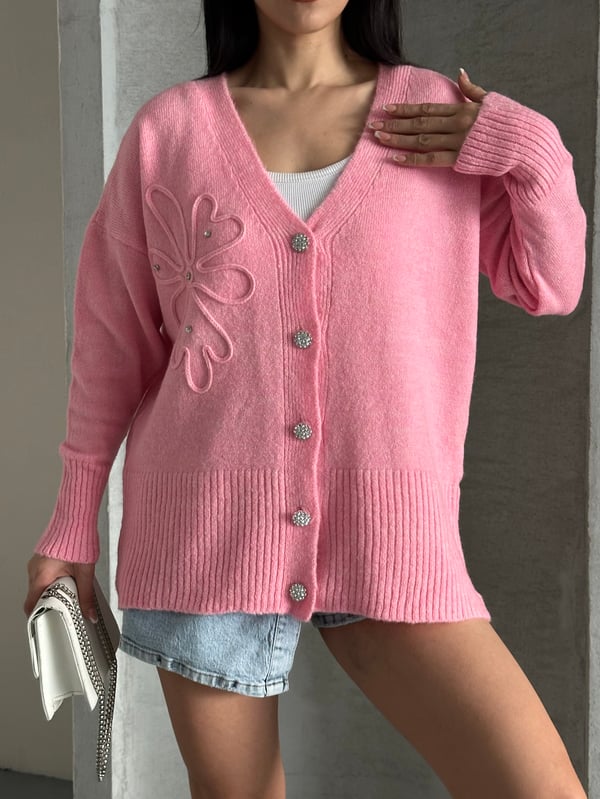 Kristal Düğme Ve Süzene Detaylı Triko Hırka Oversize Pembe