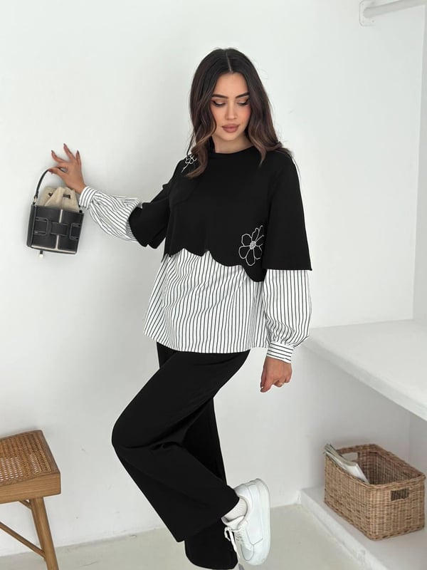 Modal Kumaş Oysh Poplin Kumaş Detaylı Takım Siyah