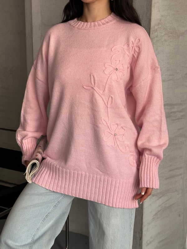 Süzme ve Taş Detaylı Kazak Pembe