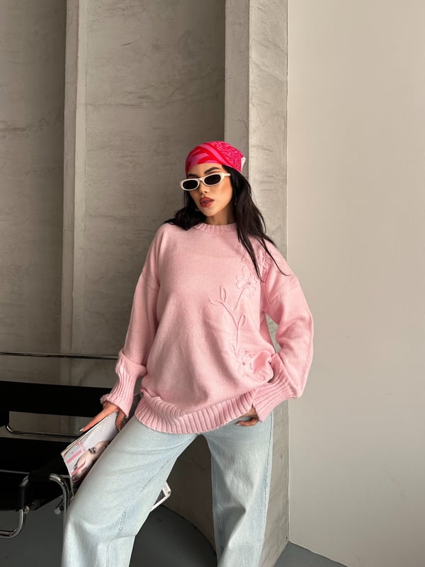 Süzme ve Taş Detaylı Kazak Pembe