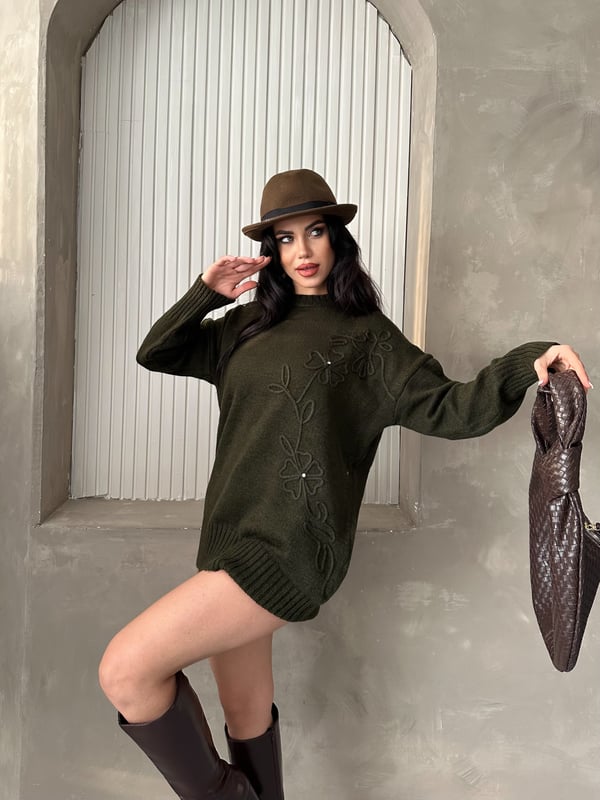 Süzme ve Taş Detaylı Kazak Yeşil