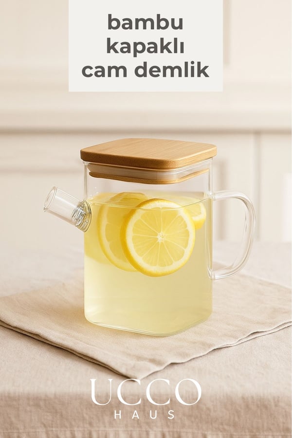 1 Litre Bambu Kapaklı Boroslikat Cam Demlik Sürahi | Detox, Limonata, Bitki Çayı, Yağdanlık Mutfak