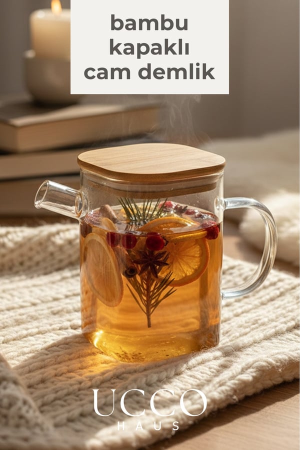 1 Litre Bambu Kapaklı Boroslikat Cam Demlik Sürahi | Detox, Limonata, Bitki Çayı, Yağdanlık Mutfak