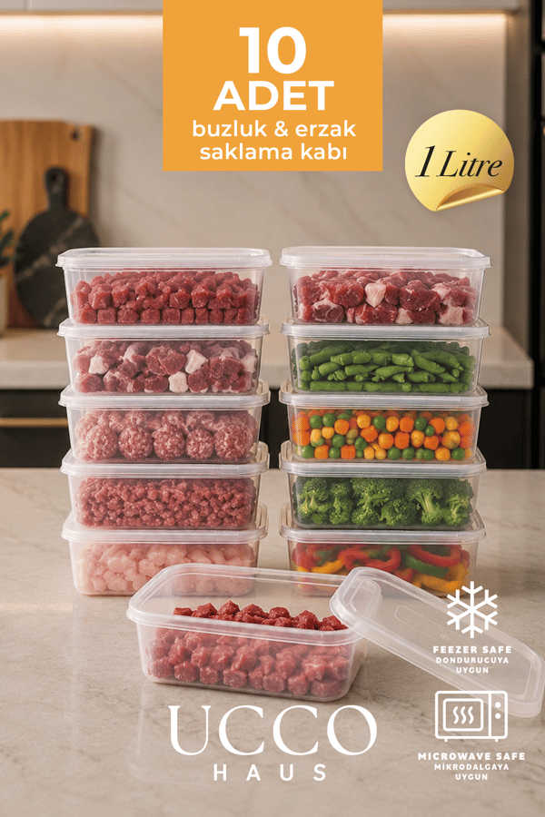 10 Adet 1000 ml Ekonomik Buzdolabı & Mikrodalga Sızdırmaz Kapaklı Saklama Kabı Seti Buzluk Organizer