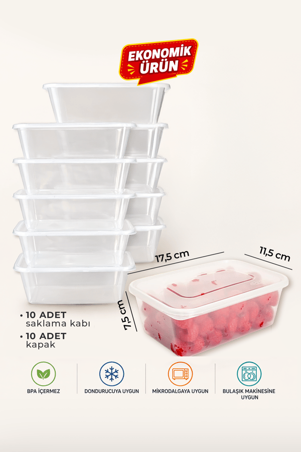 10 Adet 1000 ml Ekonomik Buzdolabı & Mikrodalga Sızdırmaz Kapaklı Saklama Kabı Seti Buzluk Organizer