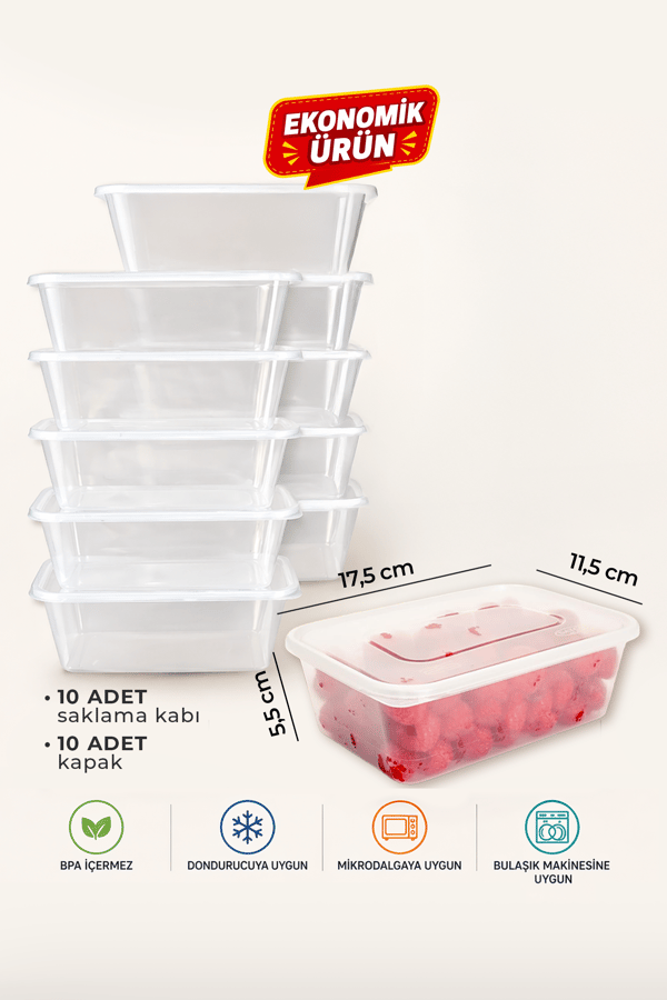 10 Adet 650ml Ekonomik Buzluk & Mikrodalga Sızdırmaz Saklama Kabı Seti Buzluk Organizer