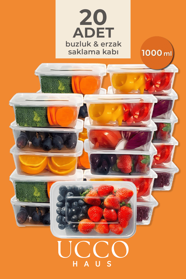 20 Adet 1000 ml Ekonomik Buzdolabı & Mikrodalga Sızdırmaz Kapaklı Saklama Kabı Seti Buzluk Organizer