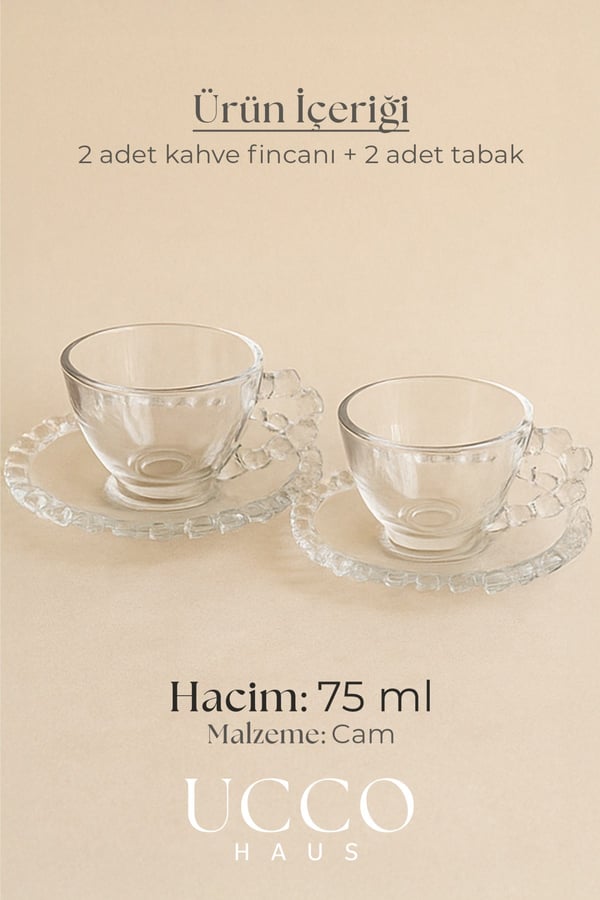2'li Cam Fincan Seti | 2 Bardak + 2 Tabak Kahve Fincanı Çay Fincanı | Şık Kahve ve Çay Sunum Bardağı