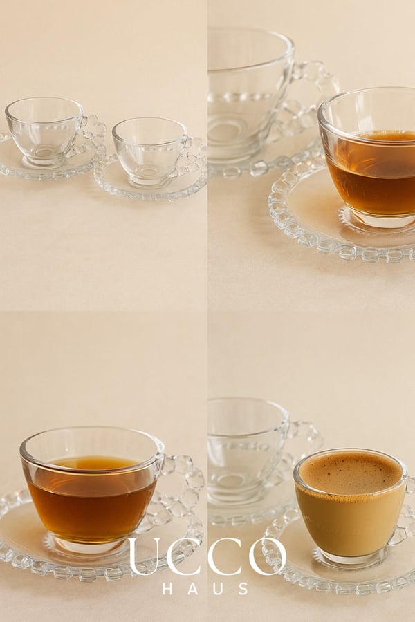 2'li Cam Fincan Seti | 2 Bardak + 2 Tabak Kahve Fincanı Çay Fincanı | Şık Kahve ve Çay Sunum Bardağı