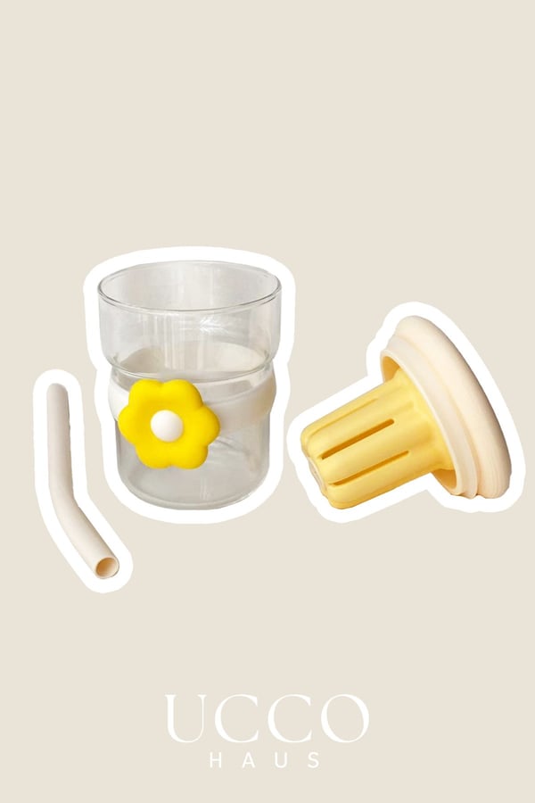 500ml Papatya Desenli Pipetli Cam Detox Termos Matara Bardak - Su Meşrubat Limonata Bardağı/607B