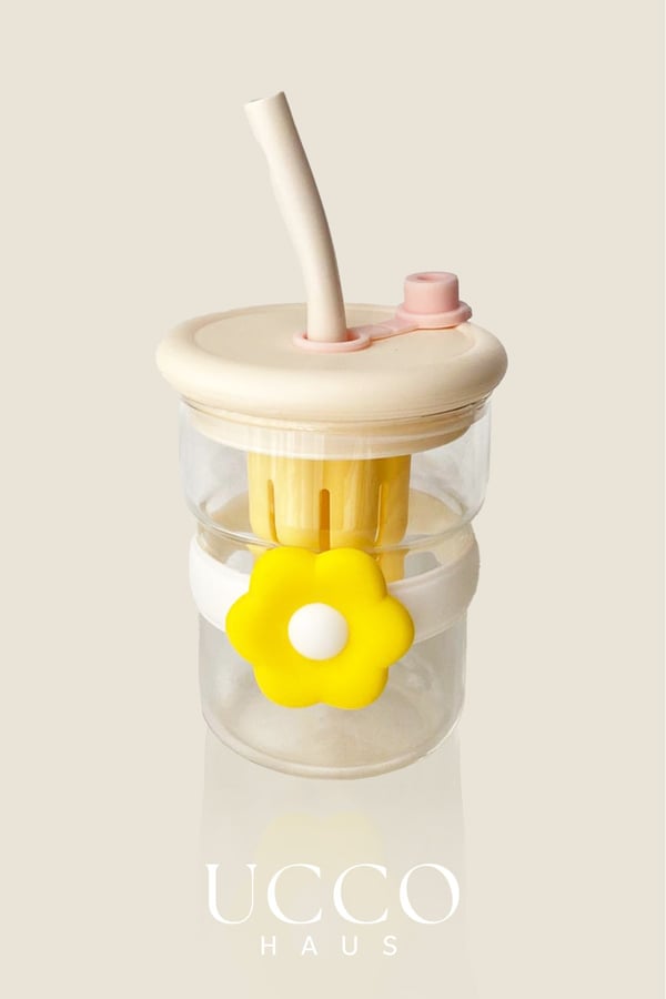 500ml Papatya Desenli Pipetli Cam Detox Termos Matara Bardak - Su Meşrubat Limonata Bardağı/607B