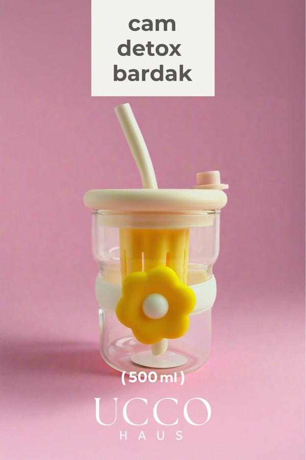 500ml Papatya Desenli Pipetli Cam Detox Termos Matara Bardak - Su Meşrubat Limonata Bardağı/607B